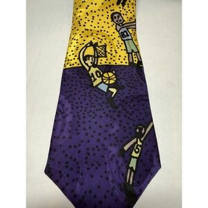 VTG Mallory & Church Silk Tie USA Purple Gold Basketball Player Cartoon Jacquard